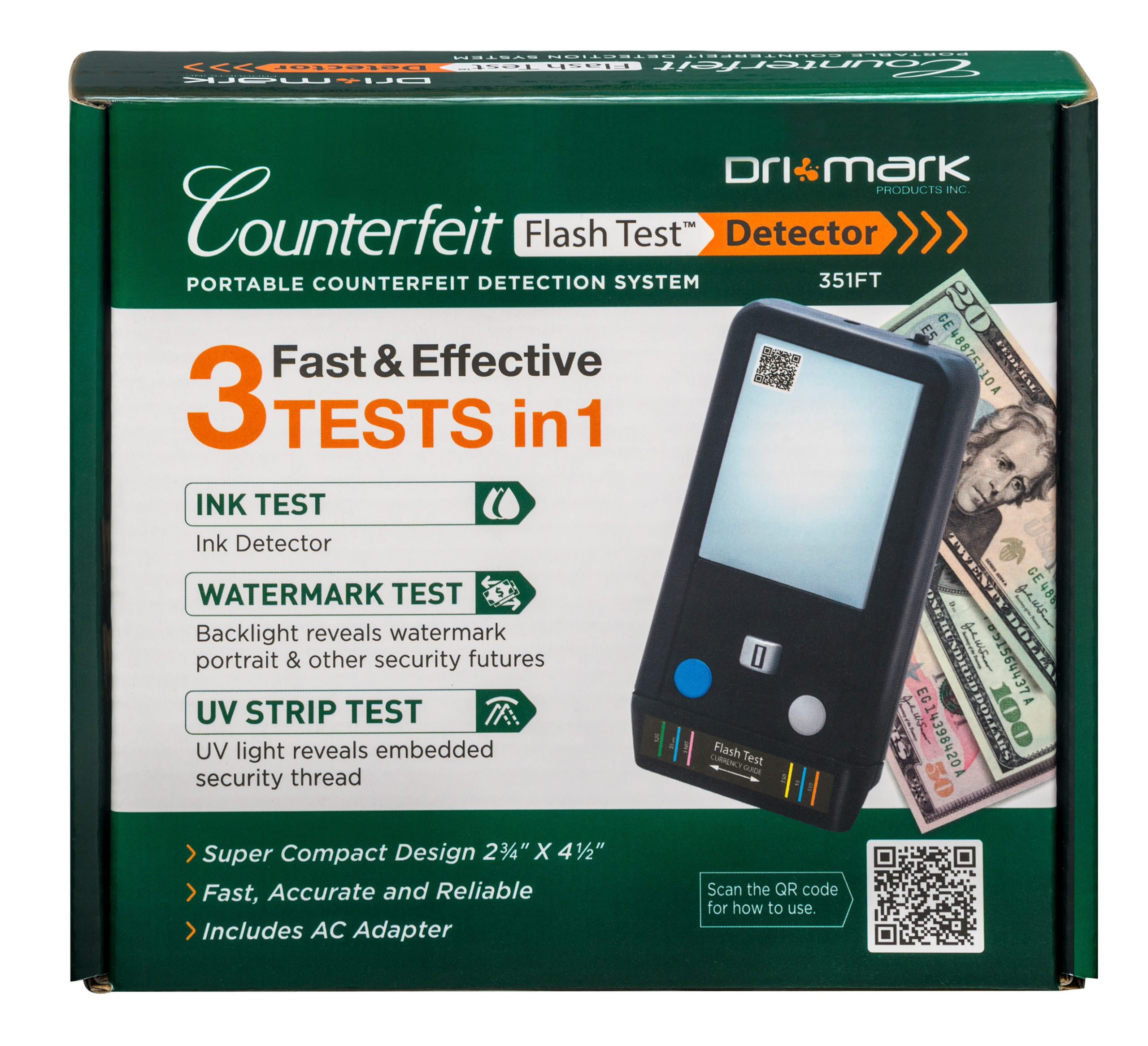 Dri Mark Detector de billetes falsos de prueba de flash, 3 pruebas fáciles  en un dispositivo pequeño, marca de agua, tinta, tira de seguridad